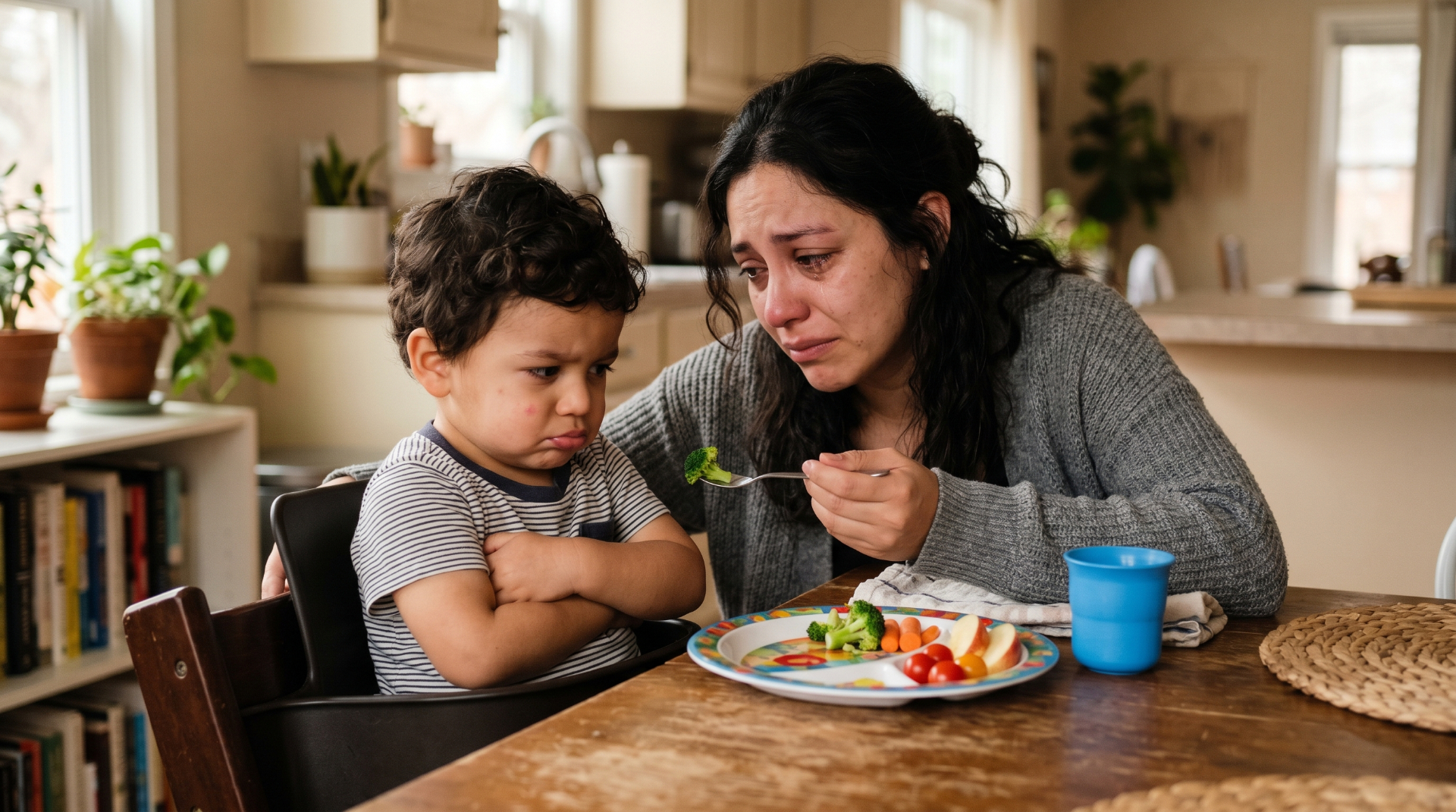 Mamá feliz junto a su hijo pequeño comiendo verduras
